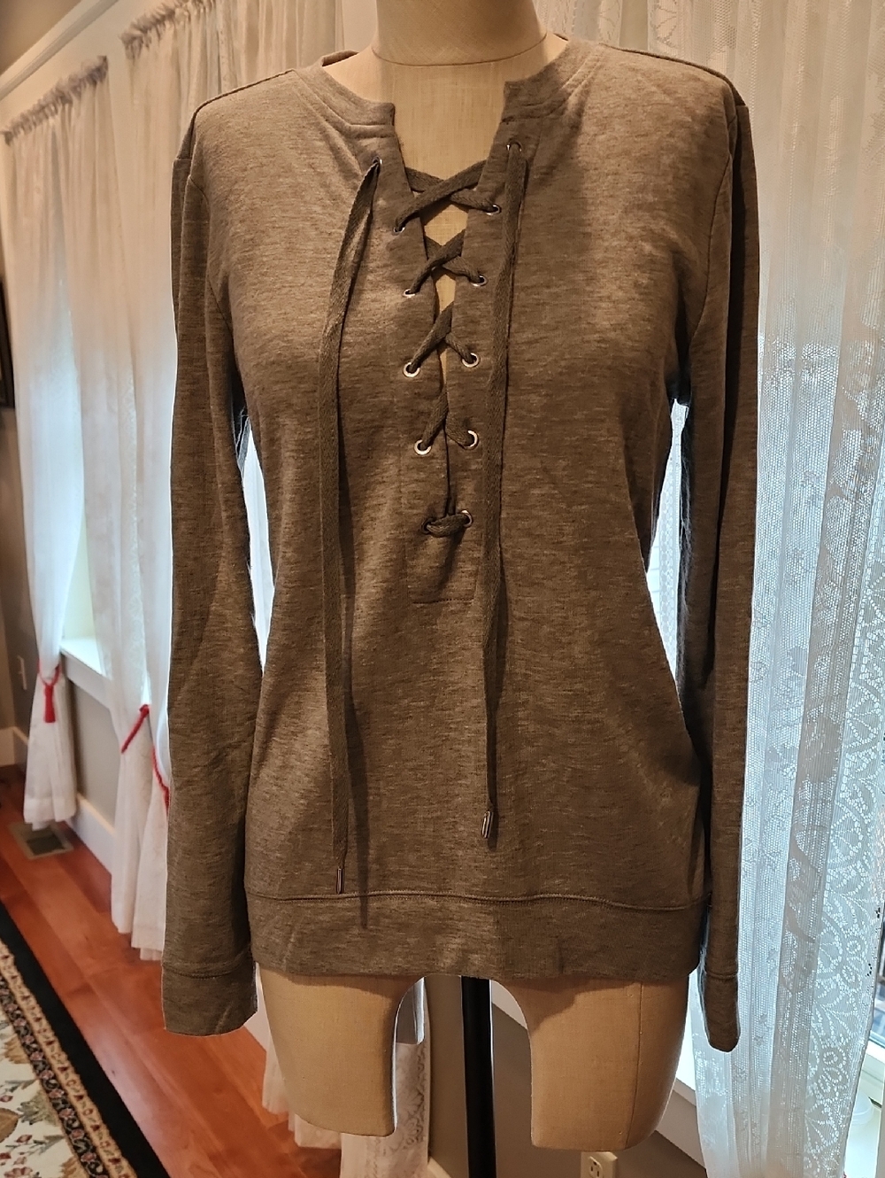 White House Black Market Grey Lace-Up Knit Pullover